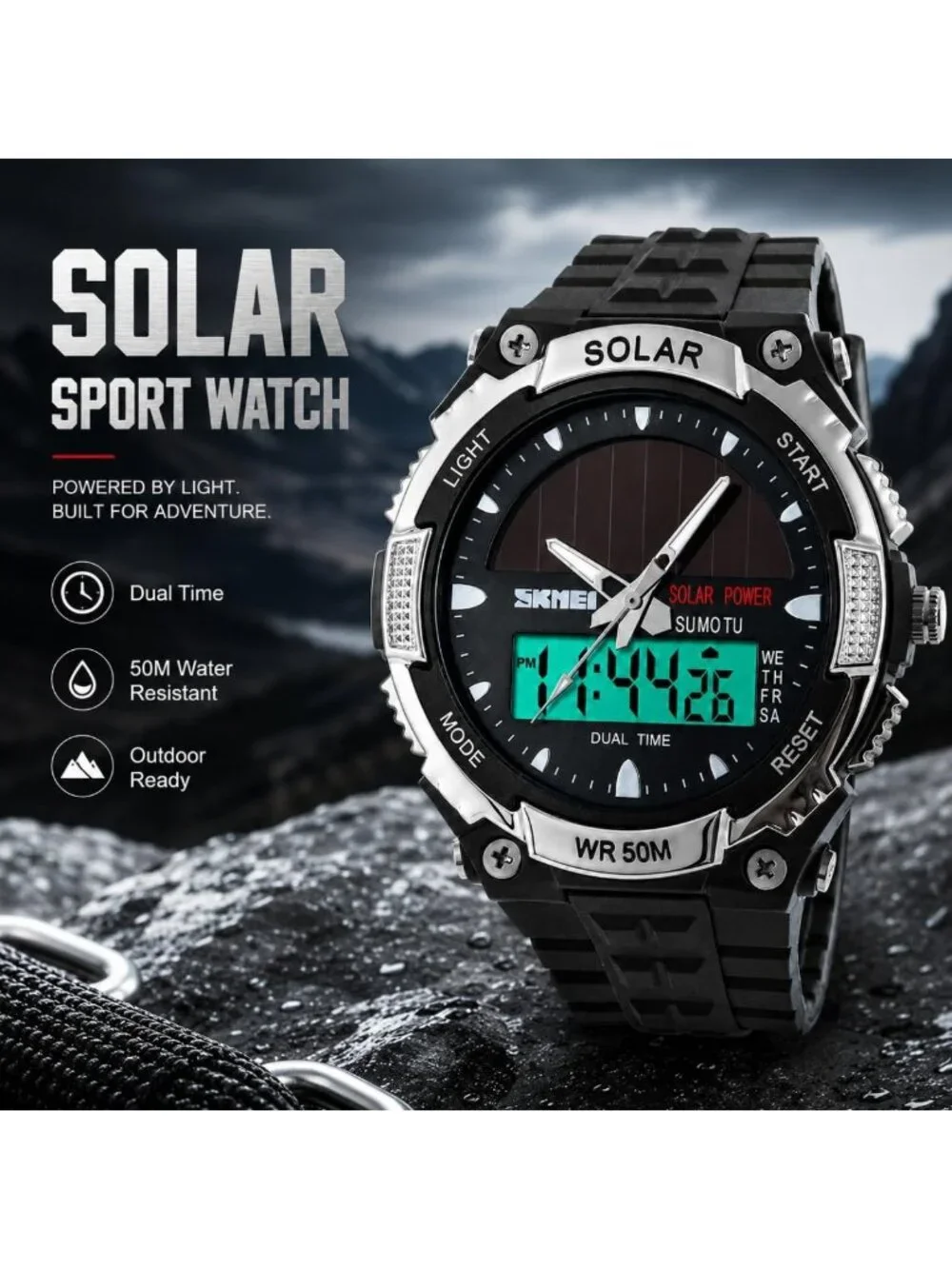 Men's Solar Powered Military Digital Watch - Waterproof, LED, 2 Time Zones